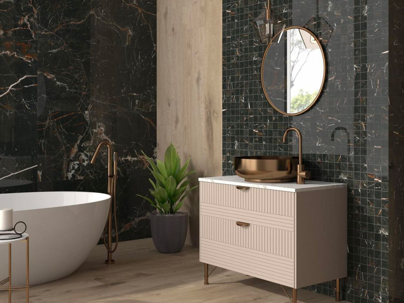 Salle de bains aux tons sombres avec mosa&iuml;ques et carrelage | Cerazur