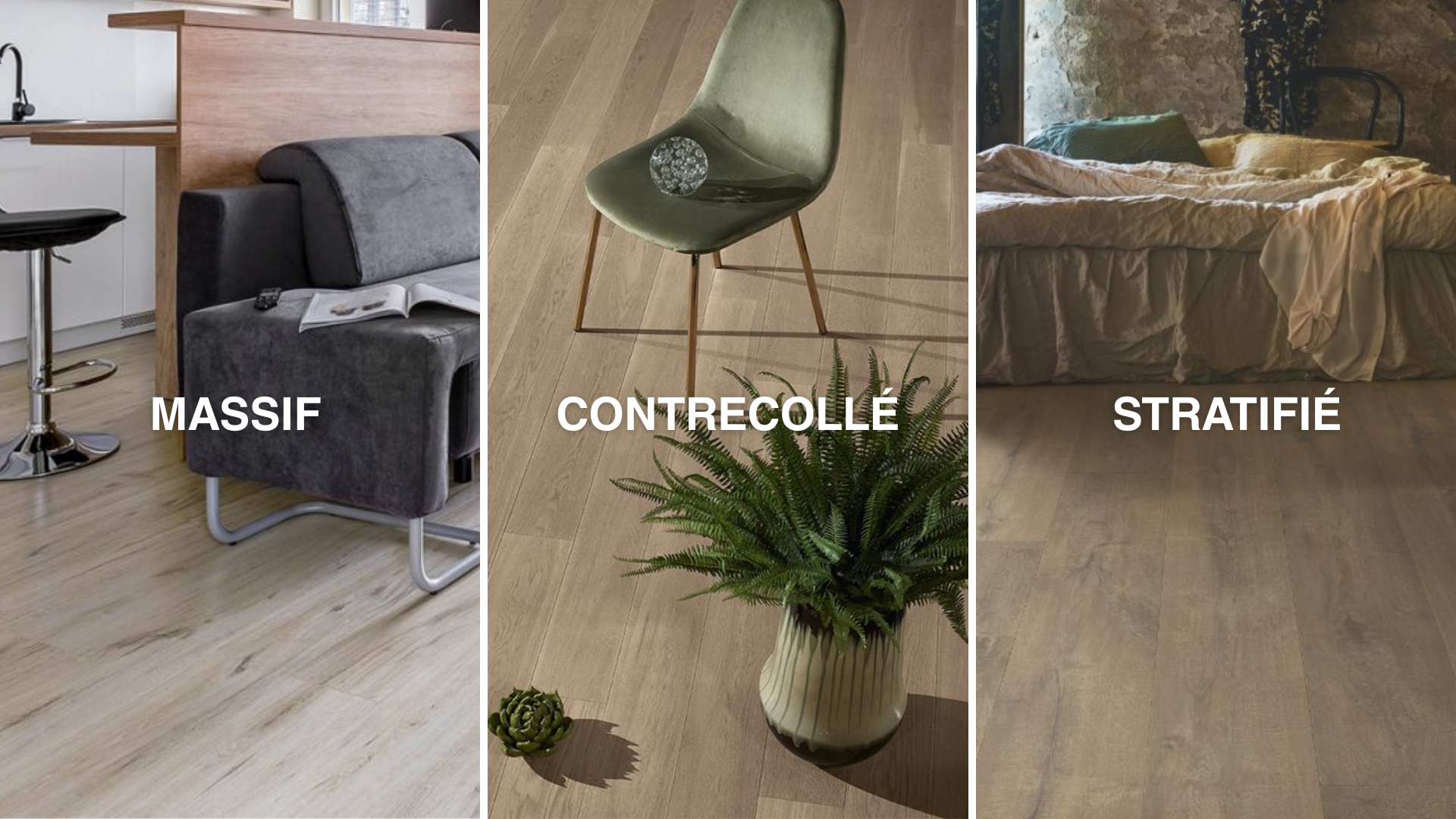 Un collage photo de parquets massifs, contrecoll&eacute;s et stratifi&eacute;s disponibles chez Cerazur